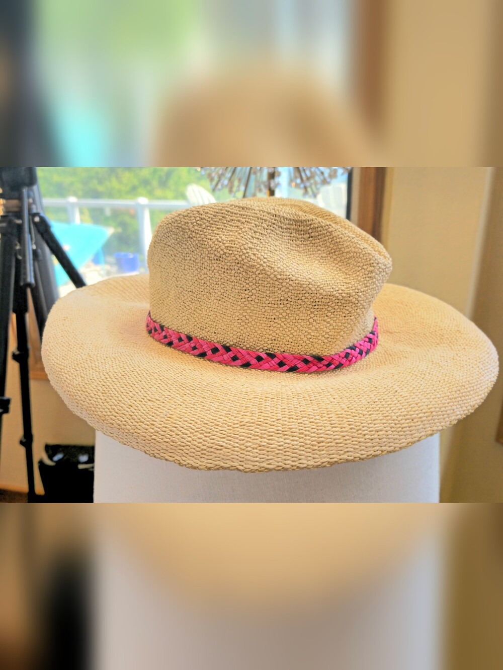 Gap Straw Hat With Pink & Black Braided Band